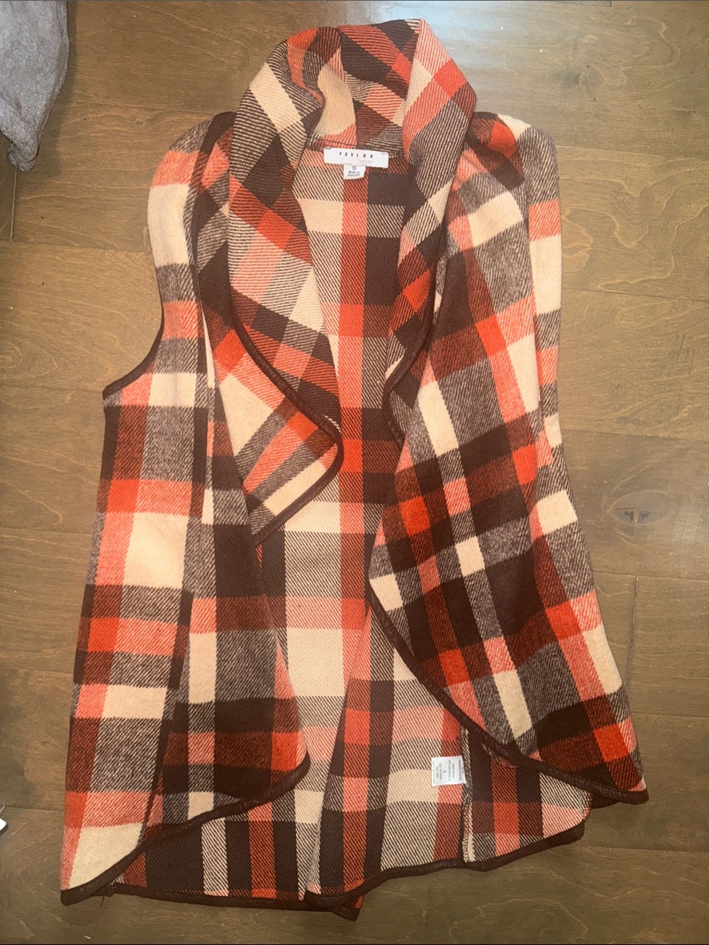 Deep orange, Cream & Brown Plaid Sleeveless Coatigan Vest